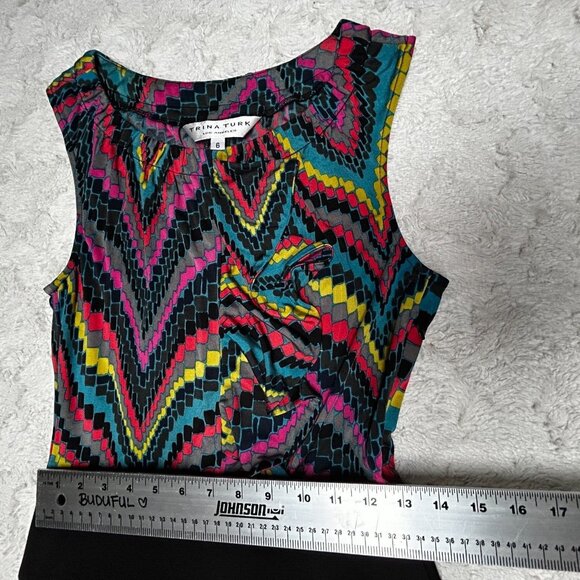 Trina Turk Women's Sleeveless Ruffle Sheath Dress Size 6 Black Abstract Multi - Picture 7 of 10